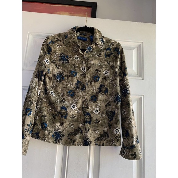Karen Scott Sport Long Sleeve Floral Print Button-Up Top - Green Blue Size Small - Picture 5 of 8